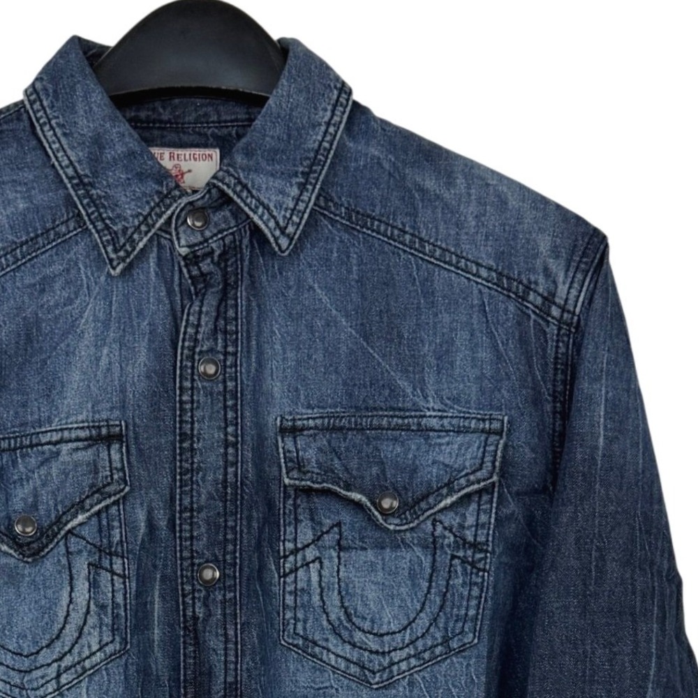 True Religion Western Denim Jean Pearl Snap Shirt Mens M Cotton Blue Great Fade
